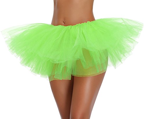 Women's Teen Adult Classic Elastic 3 4 5 Layered Tulle Tutu Skirt (One Size, Green 5Layer)