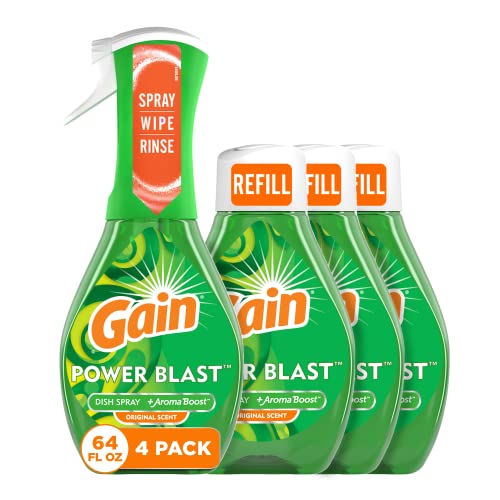 Gain Powerblast Dish Spray, Dish Soap, Original Scent Bundle, 1 Spray (16oz) + 3 Refills (16oz each)
