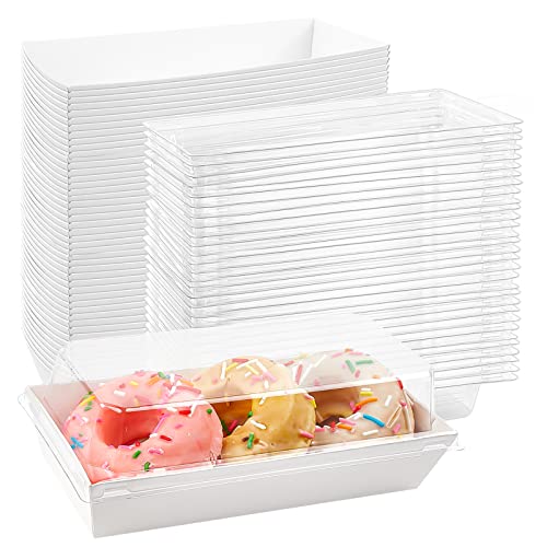 Ocmoiy 50 Pack Paper Charcuterie Boxes with Clear Secure Lids, 7.5 inches Long Disposable Dessert Containers White Bakery Boxes for Chocolate Covered Strawberries, Cupcakes, Cookies, Hot Cocoa Bombs, Sandwich