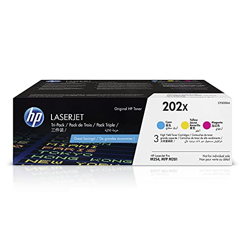 HP 202X Cyan, Magenta, Yellow High-yield Toner Cartridges (3-pack) | Works with HP Color LaserJet Pro M254, HP Color LaserJet Pro MFP M281 Series | CF500XM