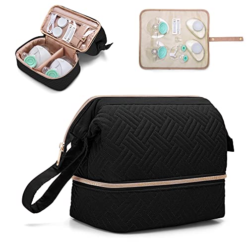 Fasrom Wearable Breast Pump Bag Compatible with Willow, Elvie Pumps and Medela Pump in Style, Double Layer Carrying Case with Waterproof Mat and Insulated Pockets, Black (Patent Design)