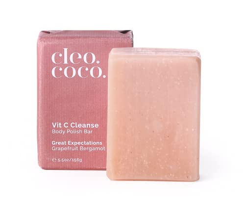 Cleo+Coco Cleanse Bar, Vitamin C Body Cleansing Soap Bar, Zero Waste Packaging, Body Polish Bar, Aluminum Free, All Skin Types Including Acne, Eczema, Psoriasis, Made in USA  Grapefruit Bergamot Scent 5.5oz