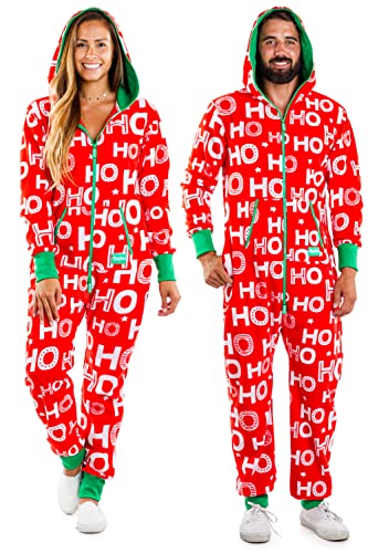 Tipsy Elves Men's Cozy Christmas Onesie Pajamas - Red HoHoHo Holiday Spirit Adult Cozy Jumpsuit: Large