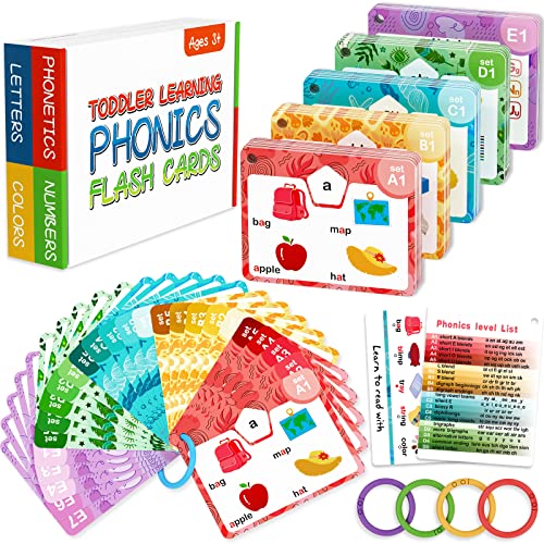 Hapyland 70PCS Phonics Flash Cards Kindergarten with Sorting Rings - 468 Sight Words with Pictures & 10 Life Skill Cards for Pre-k Kindergarten 1st 2nd 3rd Grade Age 3-8