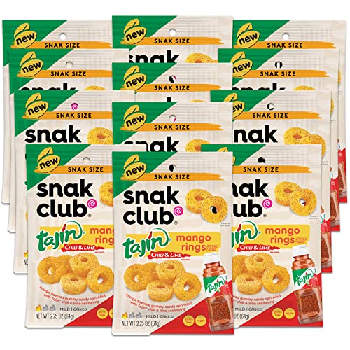 Snak Club Tajin Mango Rings, Chili & Lime Sweet and Spicy Gummy Snacks, Mild in Heat Bold in Flavor, Vegan Gluten-Free Snack, 2.5oz Grab 'n Go Individual Pack, 12 Count