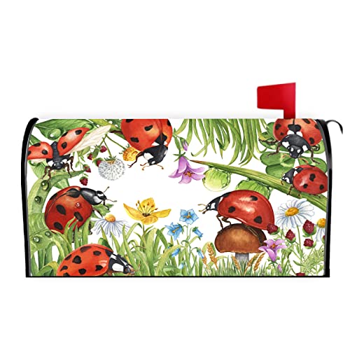 Hooetoon Mailbox Covers Magnetic Standard SizeSpring Summer Ladybugs Vinyl Magnetic Mailbox Cover for Garden Yard Outdoor Decor 17.5" X 21"