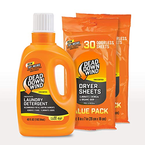 Dead Down Wind Unscented Laundry Bundle | 40oz Bottle Detergent & 30 Count Odorless Dryer Sheets | Gentle Odor Eliminator for Hunting Accessories, Gear & Clothes
