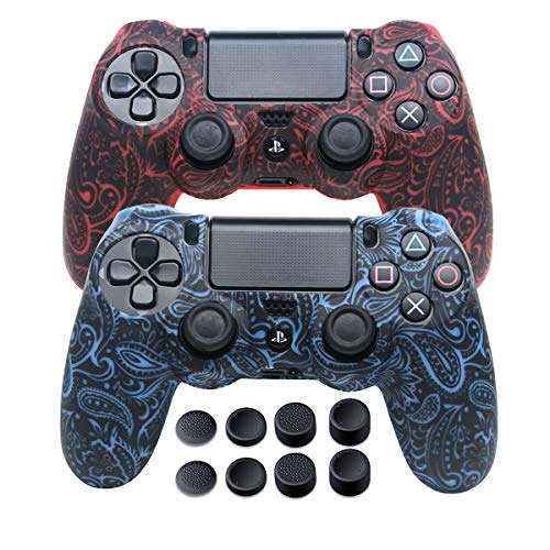 Silicone Cover for PS4 Controller - DualShock 4 Skin Water Printed Protector Case Set for PS4, PS4 Slim, PS4 Pro - 2 Pack Leaf PS4 Controller Skins - 4 Pairs PS4 Thumb Grips - Red & Blue