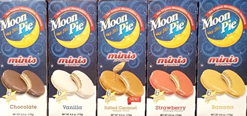 Moon Pie Minis - Complete Variety Pack - All 5 Flavors! (5 Boxes - 1 Salted Caramel - 1 Chocolate - 1 Strawberry - 1 Banana - 1 Vanilla) 6 pies per box, 30 pies total!