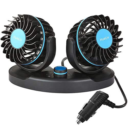 HueLiv Car Fan, 12V Electric Car Cooling Fan with 360 Degree Adjustable, Dual Head Cigarette Lighter Fan, Low Noise Automobile Vehicle Fan for Car Truck Van SUV RV Boat