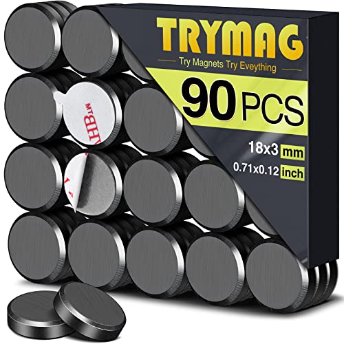 TRYMAG Ceramic Magnets for Crafts, Small 18mm (.709 inch) Round Disc Crafts Magnets with Adhesive Backing, Flat Circle Ferrite Industrial Magnets for Crafts, DIY, Science, Hobbies, Project - 90 PCS