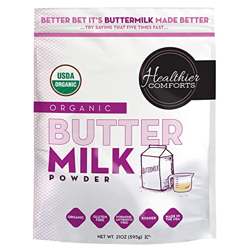 Healthier Comforts Organic Buttermilk Powder | USDA Certified Organic Powdered Buttermilk, Kosher, Gluten Free, Non-GMO | Dry Buttermilk Powder for Baking Supplies, Biscuits & Gravy, Mini Pancakes 21oz