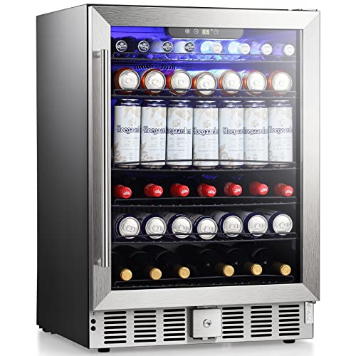 Antarctic Star 5.1 Cu.Ft Beverage Refrigerator- Wine Cooler Low Noise Transparent Glass Door LED Light Stainless Steel Efficient Cooling System with a Lock 115V 60Hz for Home and Bar 24inch, Silver