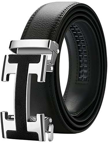 Mens Belt Black Leather Ratchet Belts with Silver Buckle Designer Belts Dress Casual Golf Belt for Men Adjustable Reversible Click Belts for Pants Jeans Suits Shorts, Trim To Fit, Gift Box