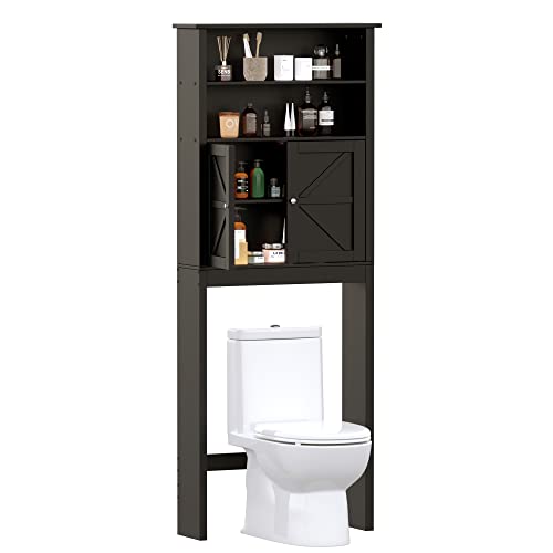 Reettic Tall Over The Toilet Storage with Two Doors, Free Standing Bathroom Space Saver with Inner Adjustable Shelf, Wooden Bathroom Cabinet Organizer Over Toilet, Black BMGZ151B