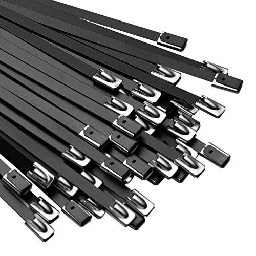 OFFO Black Zip Ties Made of Metal 19.7 Inches Premium Heavy Duty Stainless Steel Wire Multifunctional Locking Exhaust Wrap Flexible Durable 30 Pce