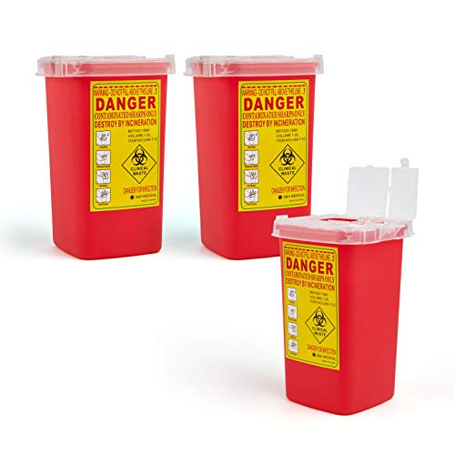 D & H Medical Sharps Disposal Container: 3-Pack Biohazard Needle Container 1-Quart Size | Safe Lock Containers for Disposal of Syringes, Blades & Lancets| Top Tattoo Supplies Disposal Kit
