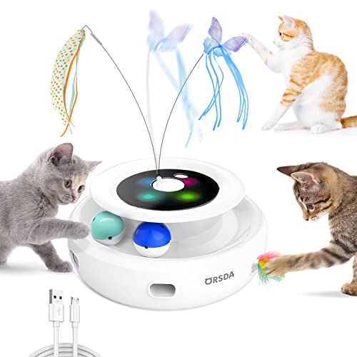 ORSDA 3-in-1 Interactive Cat Toys for Indoor Cats 2000mAh Type-C Rechargeable Power Balls & Handmade Butterfly Cat Feather Toy Auto On/Off, Cat Teaser with 6 Attachments