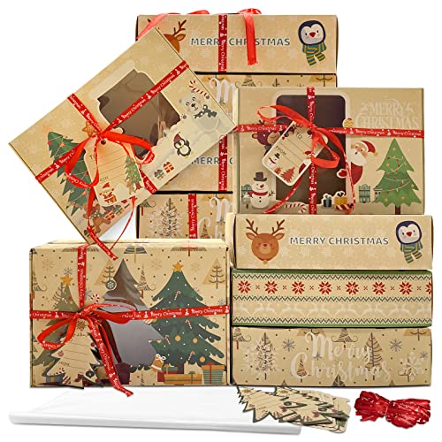 12 Packs Brown Christmas Cookie Boxes with Window for Gift Giving,Cartoon Christmas tree/snow man/penguin background Holiday Bakery Treat Boxes Gift Baking Box Christmas Kraft Gift Boxes with Ribbons and DIY Gift Tags, Pastry, Candy, Party Favors