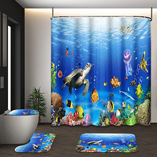 Tayney Tropical Fish Shower Curtain Set with Toilet Lid Cover and Non-Slip Rugs, Ocean Turtle Underwater World 4 Pcs Shower Curtain Set with 12 Hooks, Kids Bathroom Set with Rugs and Accessories