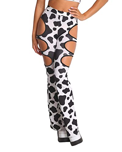iHeartRaves My Milkshake Cow Print High Waisted Rave Chaps for Women Sexy Cut Out Festival Pants and Rave Bottoms for EDM Festivals (Black, Large)