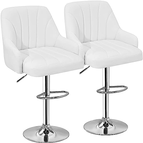 VECELO Bar Stools Set of 2, Adjustable Barstools, Counter Height Stools with Back and Arm, Kitchen Island Stools, Swivel PU Leather Chairs for Pub, Dining Room Living Room, Modern Style, White