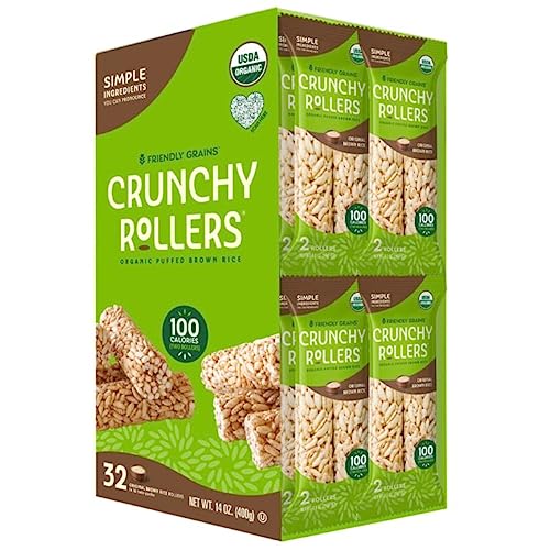 Friendly Grains - Crunchy Rollers - Organic Rice Snacks, Crispy Puffed Rice Rolls, Healthy Snack Rolls for Adults and Kids - Original Brown Rice (16 packs of 2)