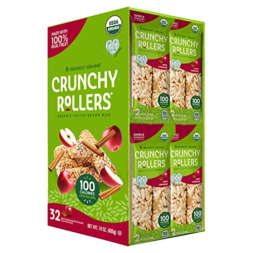 Friendly Grains - Crunchy Rollers - Organic Rice Snacks, Crispy Puffed Rice Rolls, Healthy Snack Rolls for Adults and Kids - Apple Cinnamon (16 packs of 2)