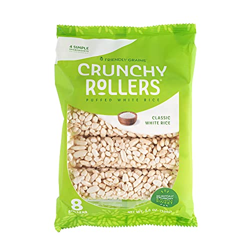 Friendly Grains - Crunchy Rollers - Organic Rice Snacks, Crispy Puffed Rice Rolls, Healthy Snack Rolls for Adults and Kids - Classic White Rice - 3.5 oz. Individual Packs (8 packs of 8)