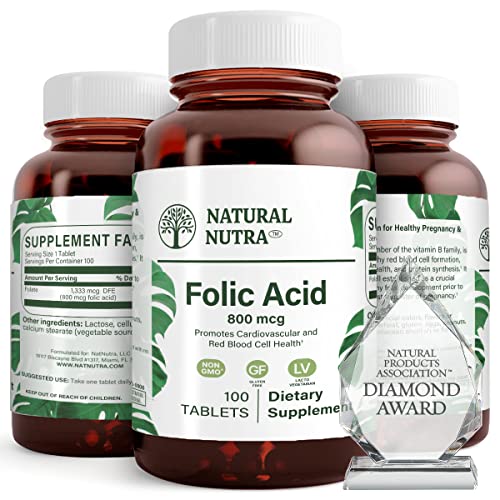 Natural Nutra Folic Acid Folate Vitamin B9 Supplement, Prenatal Vitamin for Heart and Cardiovascular Health, Red Blood Cell Formation, Vegetarian and Gluten Free Supplements, 800 mcg, 100 Tablets