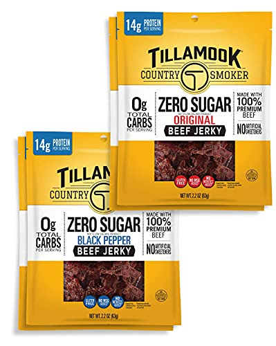 Tillamook Country Smoker Keto Friendly Zero Sugar Beef Jerky Variety Pack, Original & Black Pepper, 2.2 Ounce (Pack of 4)