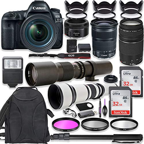 Canon EOS 5D Mark IV DSLR Camera w/ 24-105mm STM Lens + Canon EF 75-300mm III Lens, Canon 50mm f/1.8, 500mm Lens & 650-1300mm Lens + Deluxe Backpack + 64GB Memory + Monopod + Professional Bundle