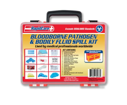 Rapid Care First Aid 839-LGBBK-1 Premium Bloodborne Pathogen & Bodily Fluid Spill Clean Up Kit, OSHA Compliant, Wall Mountable, 10" x 8" x 3.5",Red/Clear