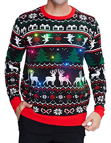 RAISEVERN Women Men's Light Up Ugly Christmas Sweater Black Knitted Pullover Funny Christmas Tree Angel Elf Reindeer Xmas Sweater Jumper for Holiday Party