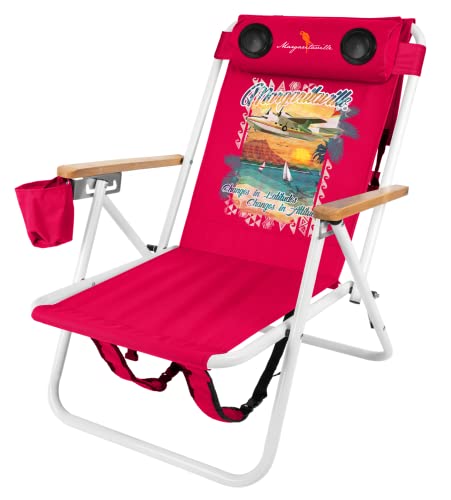 Margaritaville Folding Chair with Wireless Speakers, Beach Chair with Waterproof Wireless Speakers, 5 Hour Playback Time, 20 Foot Bluetooth Range, Cup Holder, Backpack, Padded Head and Neck Rest