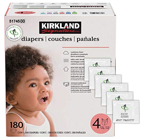 Kirkland Signature Diapers Size 4 (22 lbs - 37 lbs) 180 Count W/ Exclusive Health and Outdoors Wipes