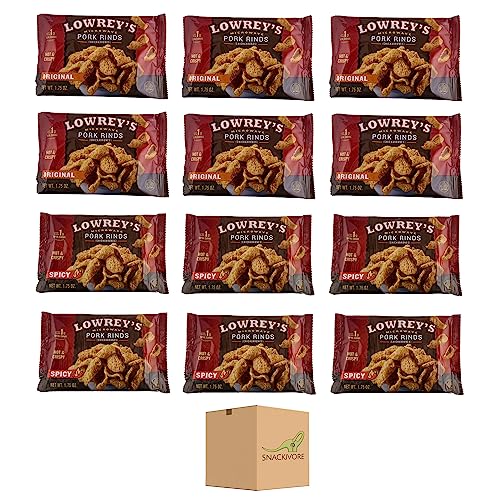 Lowrey's Microwave Pork Rinds Pork Skins Variety 12 Pack Includes 6 Each of 2 Flavors- Lowreys Pork Rinds Micrrowavable Original and Lowreys Microwave Pork Rinds Hot and Spicy. Chicharrones Pork Rinds