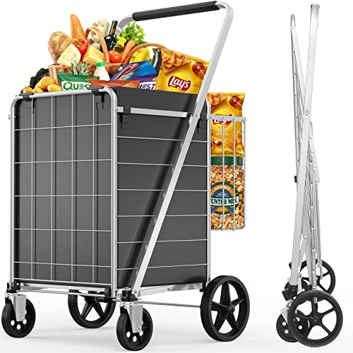 [2023 New] Folding Shopping Cart for Groceries, Jumbo Grocery Cart with 360 Swivel Wheels, and Double Basket and Waterproof Liner, 300 LBS Heavy Duty Utility Carts for Shopping, Laundry, Transport