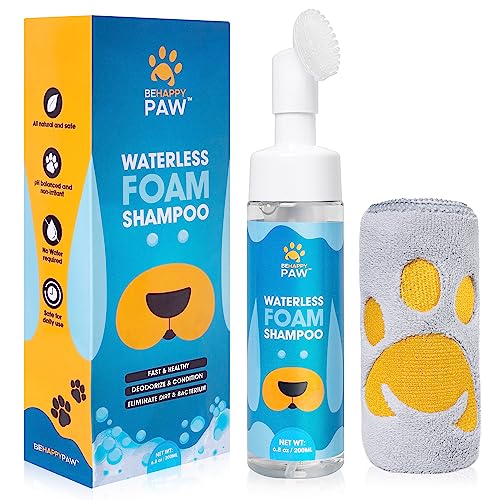 Be Happy Paw Dog paw Cleaner 6.8fl oz No-Rinse Foaming Paw Cleanser with Silicone Brush and Microfiber Towel, Gentle & Fragrance-Free, Natural Pet Paw Cleaner for Dogs and Cats