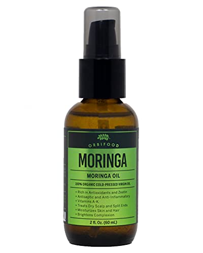 Orbifood Organic Moringa Oil for Hair Skin and Nails  100% USDA Certified Made in USA - Highly Absorbent Cold Pressed Virgin Moringa Oil (60ml), Max Hydration for Dry Skin Care, Packed with Antioxidants, Zeatin