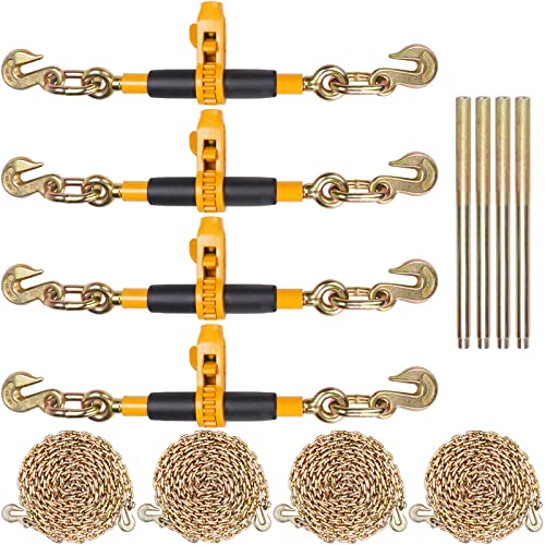 VEVOR 5/16-3/8 Ratchet Chain Binder with Chain, 7100 lbs Load Limit & 4700 lbs G80 Chain, Detachable Anti-Skid Handle, Tie Down Hauling Chain Binders for Flatbed Truck Trailer, 4 Set Black & Yellow