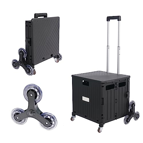 Foldable Utility Cart with Stair Climbing Wheels | Collapsible Rolling Crate with Handle | Heavy Duty Expandable Rolling Cart for Teachers,Shopping,File,Grocery,Book | Black