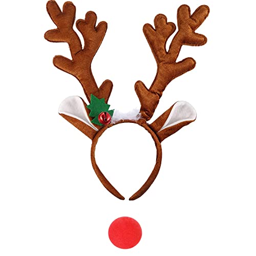 Saturey Christmas Reindeer Antlers Headbands with Red Nose, Antlers Hair Hoop Headpiece for Christmas and Holiday Parties Favors Multicolor