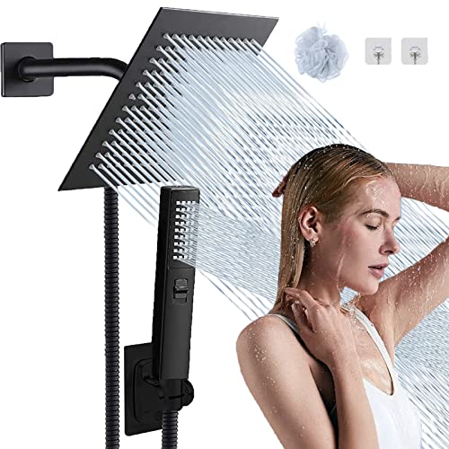 8"High Pressure Square Rain Shower Head and 2-in-1 Hand Shower.Equipped with 78"Hose, 3 Way Diverter Valve,Adhesive Shower Head Holder.(AWAXFOLO Square Shower Head Set Black)