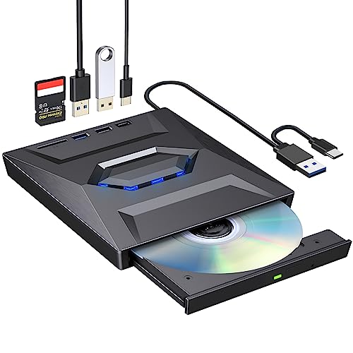 ROOFULL External CD DVD +/-RW Drive with SD Card Reader and USB 3.0/2.0/Type-C Input Ports, Portable CD DVD ROM Disc Player Burner Recorder Optical Drive for Laptop Mac, PC Windows 11/10/8/7 Linux OS