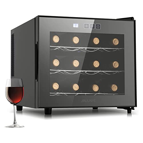 JINJUNYE Wine Cooler Refrigerator, 12 Bottle Wine Fridge Small, Countertop Wine Cooler with Digital Temperature Control, Mini Freestanding Wine Cellars Glass Door for Home, Office, Bar, Gift for Men