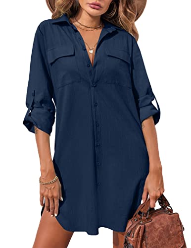 Hotouch Womens Long Sleeve Button Down Blouse Tops Casual Boyfriend Mini Dress with Pockets Navy, Medium