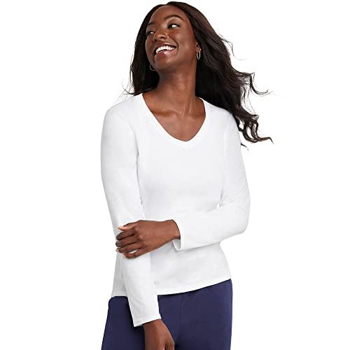 Hanes Women's Originals Long Sleeve Cotton T-Shirt, Lightweight V-Neck Tee, Modern Fit, White, Large