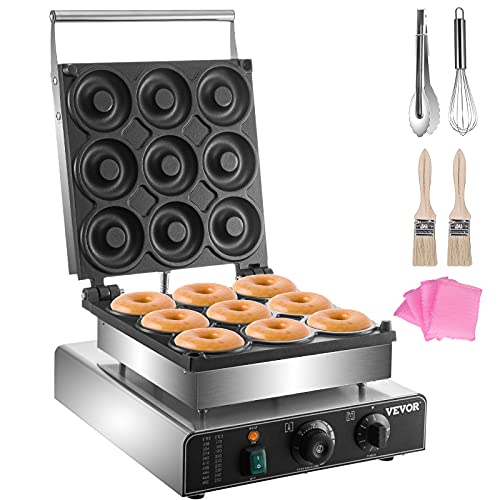 VEVOR Electric Donut Maker, 9 Holes Commercial Donut Machine, 2000W Electric Doughnut Machine, Double-Sided Heating Commercial Donut Maker, for Home & Commercial Use with Non-stick Teflon Coating