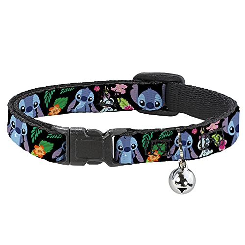 Cat Collar Breakaway Ohana Means Family Stitch Scrump Poses Tropical Flora Black 8 to 12 Inches 0.5 Inch Wide